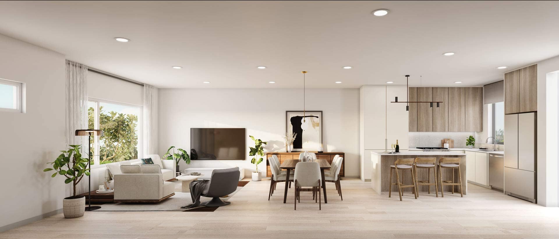 Bright open-concept living space at Queens New Westminster featuring a modern kitchen with wood cabinetry, island seating, dining area, and a spacious living room with large windows and natural light, designed by Gulzar Investments in Queensborough.