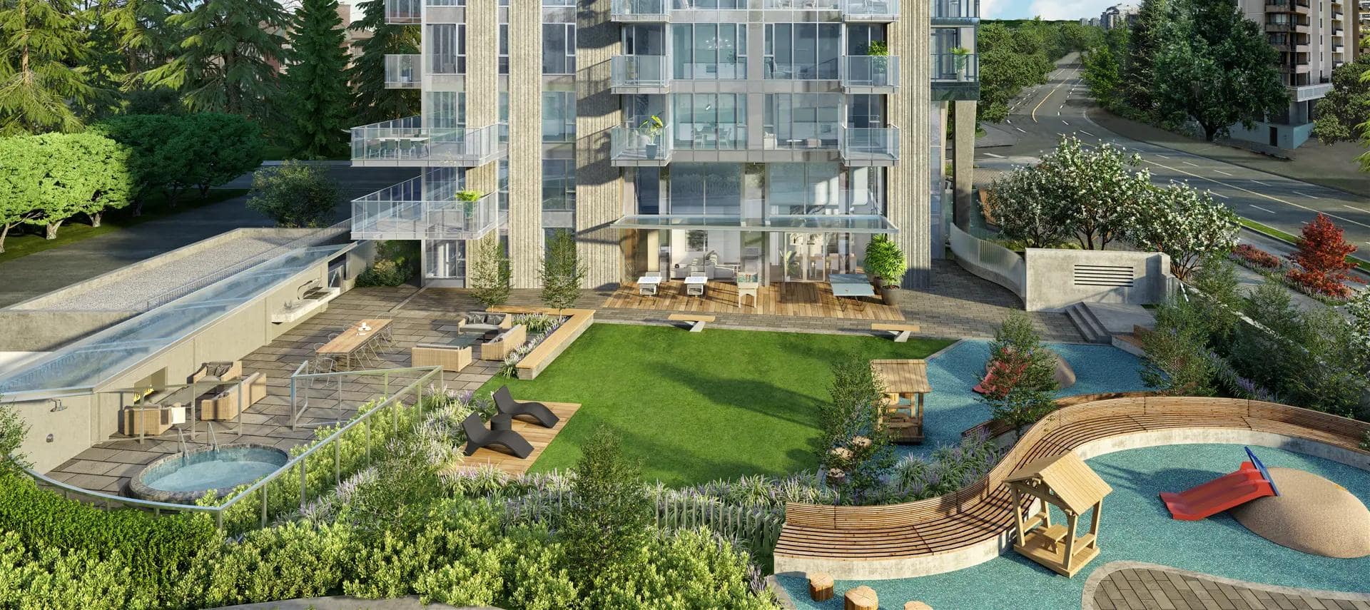 Artesia Burnaby outdoor amenity terrace with gardens, seating, and childrenโs play area.