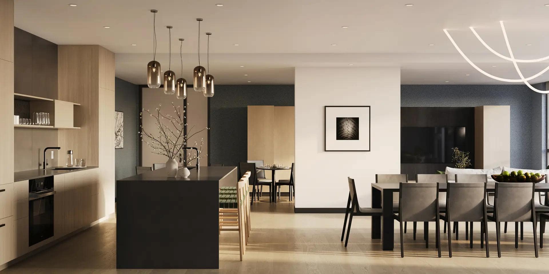 Open-concept living and dining area at Arden presale development in Vancouverโs Cambie neighbourhood, showcasing a modern kitchen island, designer pendant lighting, wide-plank flooring, and spacious entertaining layout by Aria Pacific Development at 4281 Cambie Street.