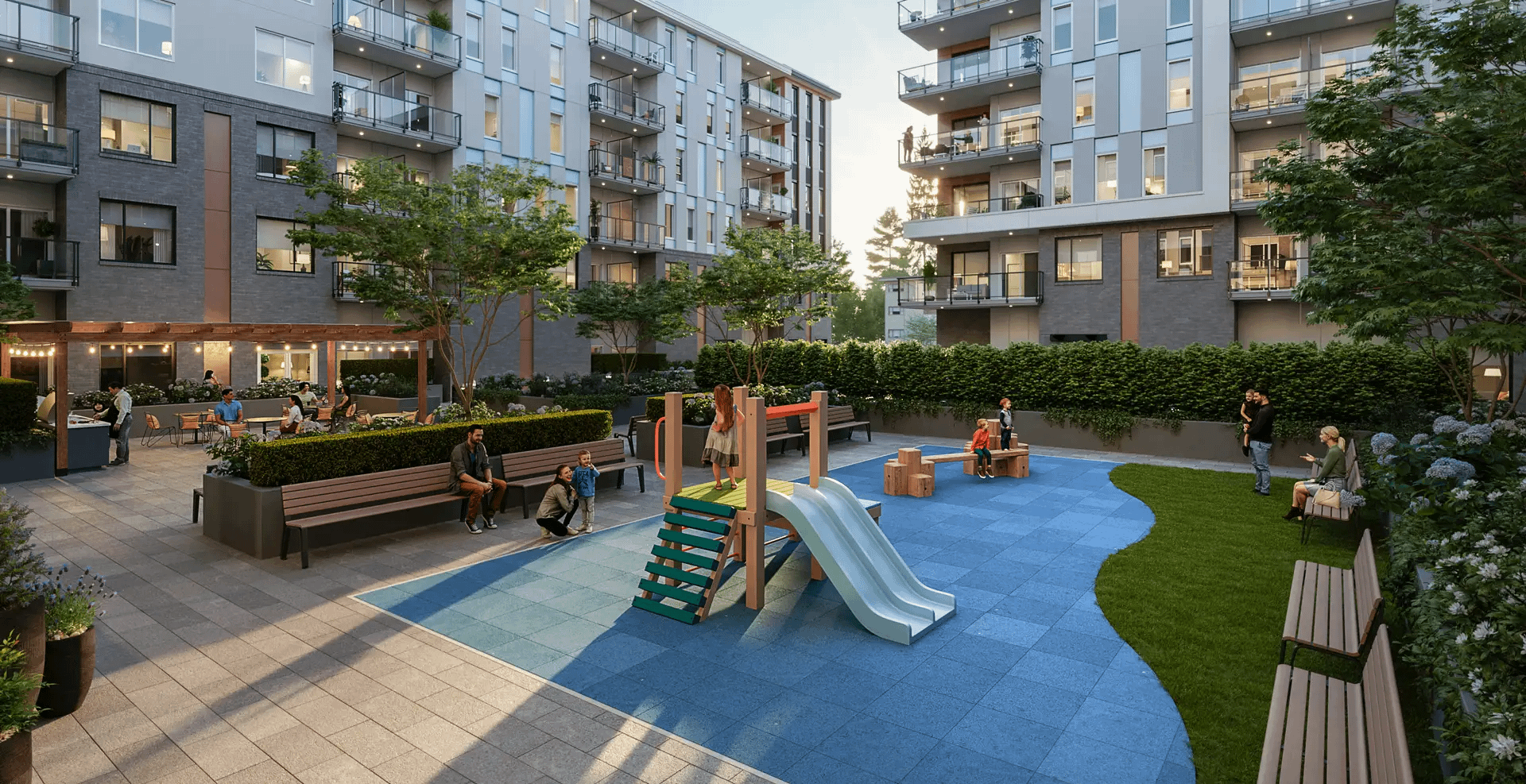 Outdoor courtyard at Jethro Langley in Langley City featuring a childrenโs playground, landscaped seating areas, shared outdoor space, and surrounding condo buildings by Whitetail Homes.