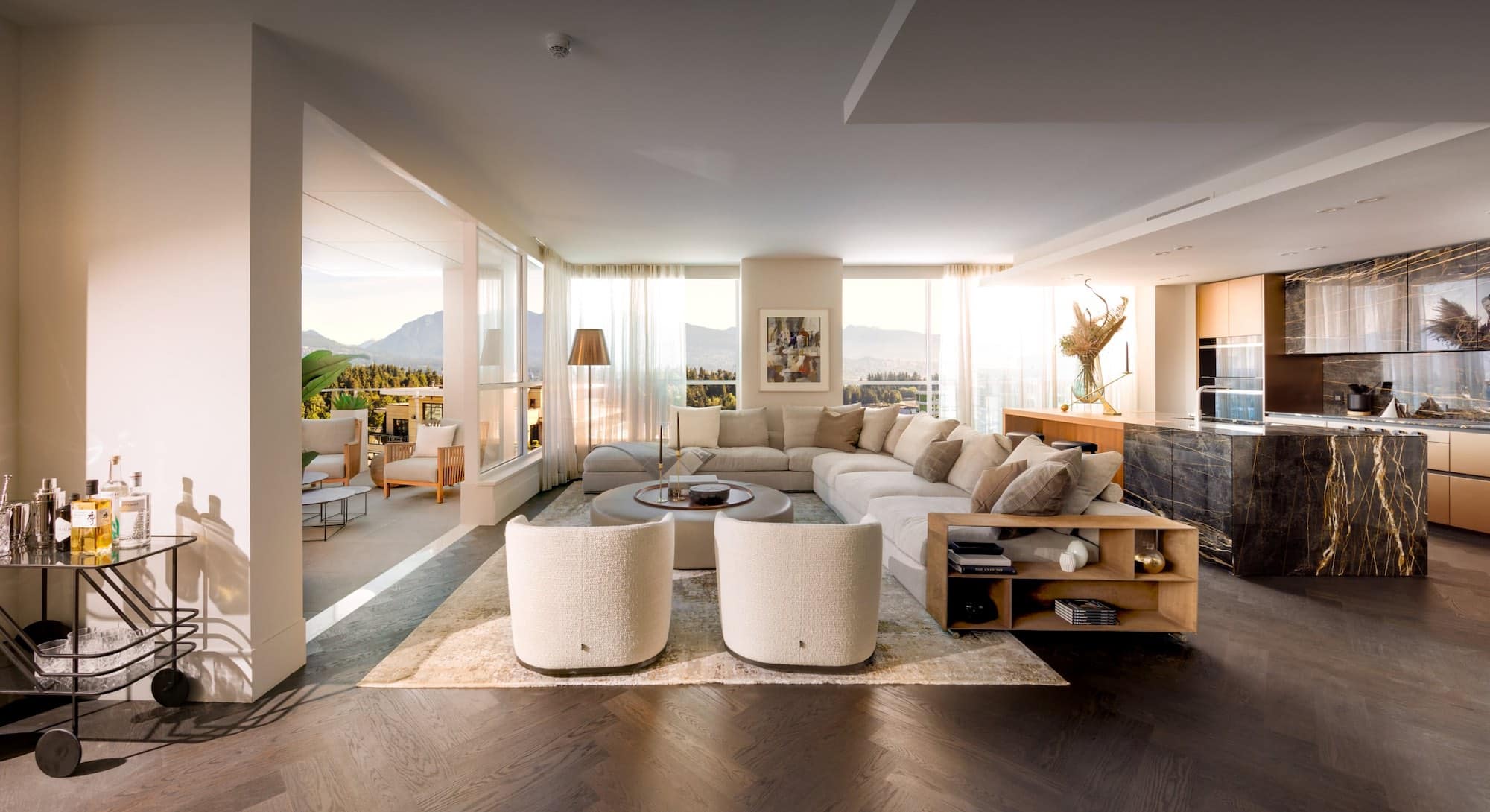 Elegant open-concept living room and kitchen at 1818 Alberni Vancouver