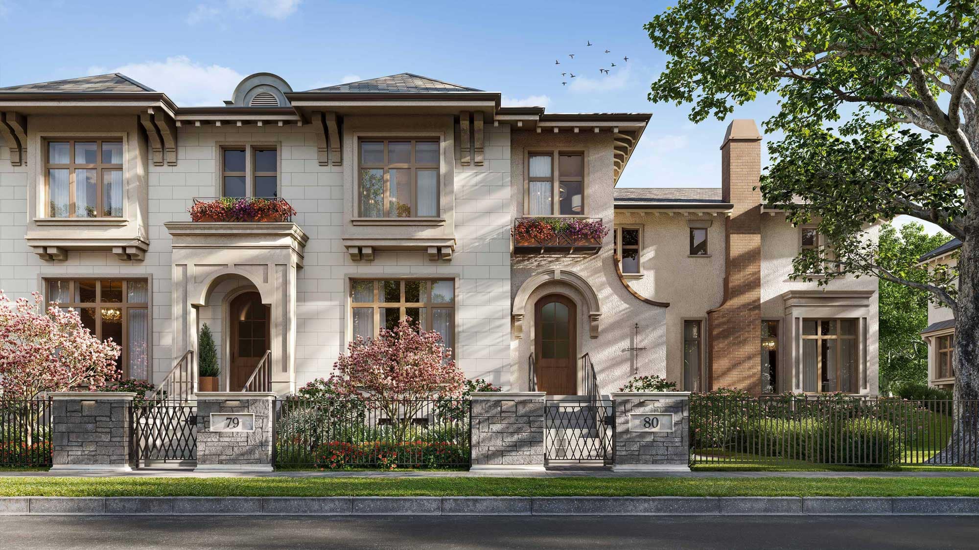 Street-level architectural rendering of the Arbutus Shaughnessy presale townhomes by Cressey located at 4683 Arbutus Street in Vancouverโs Shaughnessy neighbourhood. The image shows elegant heritage-inspired two-storey residences with cream stone and stucco faรงades, arched entryways, detailed cornices, window boxes filled with flowers, and large wood-framed windows. Decorative wrought-iron fencing and landscaped front gardens line the sidewalk, with mature trees and manicured greenery typical of Shaughnessyโs residential streets. The refined architecture reflects the luxury character of the Arbutus Shaughnessy development in Vancouver, highlighting the upscale townhome design and quiet tree-lined setting associated with the Shaughnessy neighbourhood.