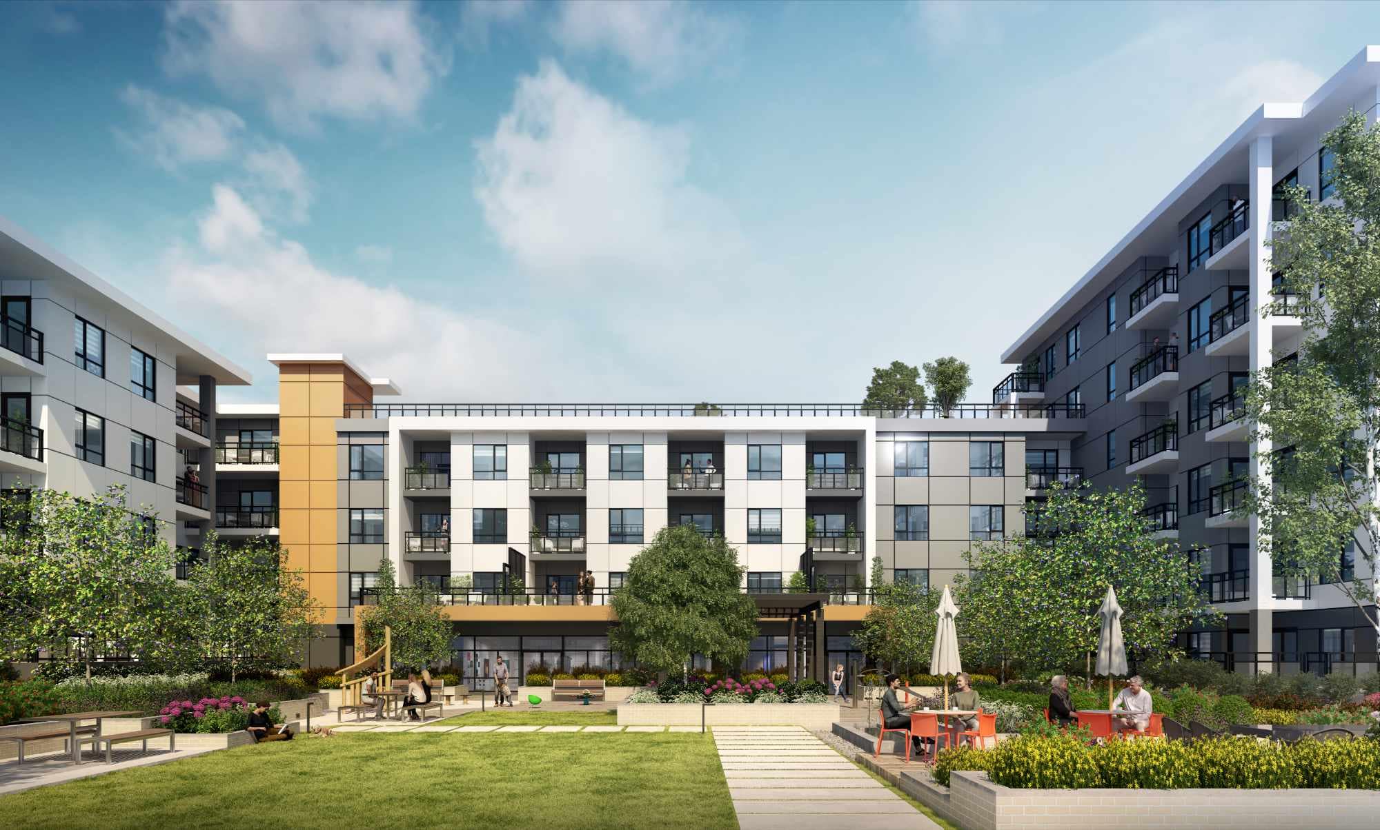 Courtyard amenity rendering at Spera presale development in Surreyโs Newton neighbourhood by Peterson Group at 8293 King George Blvd, showing a central green lawn with pathways, outdoor seating and patio tables with umbrellas, landscaped garden beds, and mid-rise residential buildings framing a shared community space.