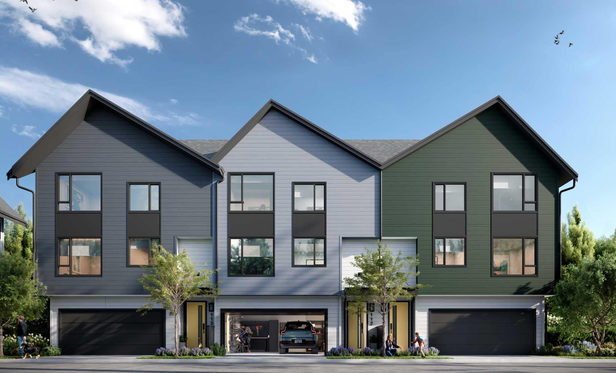 Front exterior rendering of Beaumont Burke Mountain, a contemporary collection of 3 and 4-bedroom townhomes by Polygon at 3630 Harper Road in Coquitlam, featuring modern mountain-inspired architecture, double-car garages, landscaped streetscape, and family-friendly design.