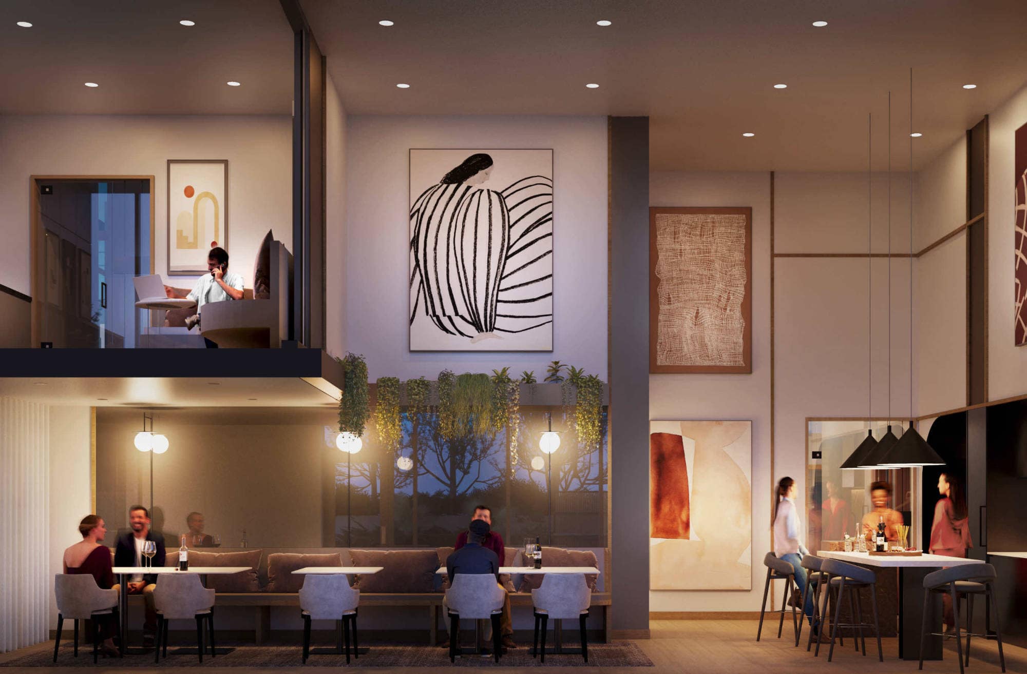 Modern indoor social lounge at Gardena Coquitlam by Intracorp located at 635 Gardena Drive in Burquitlam, featuring double-height ceilings, curated artwork, dining tables, bar seating, and warm ambient lighting designed for entertaining and community gatherings.