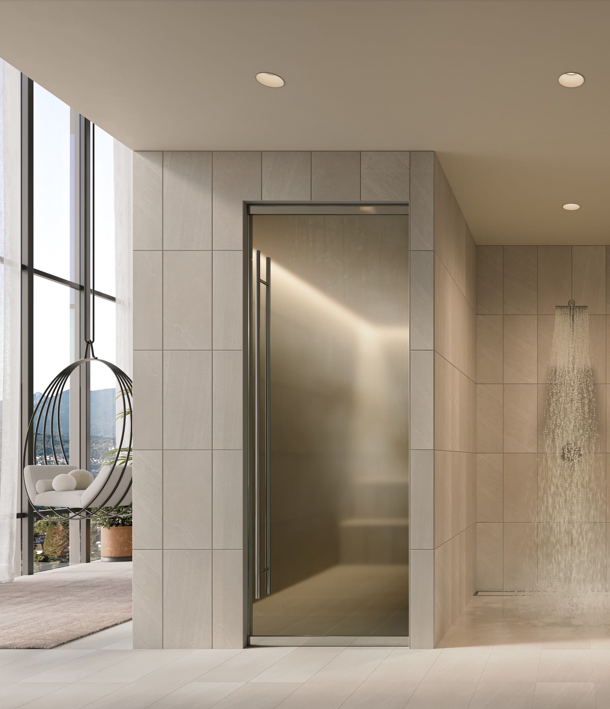 Ironwood Coquitlam spa steam room with elegant tile design and glass door