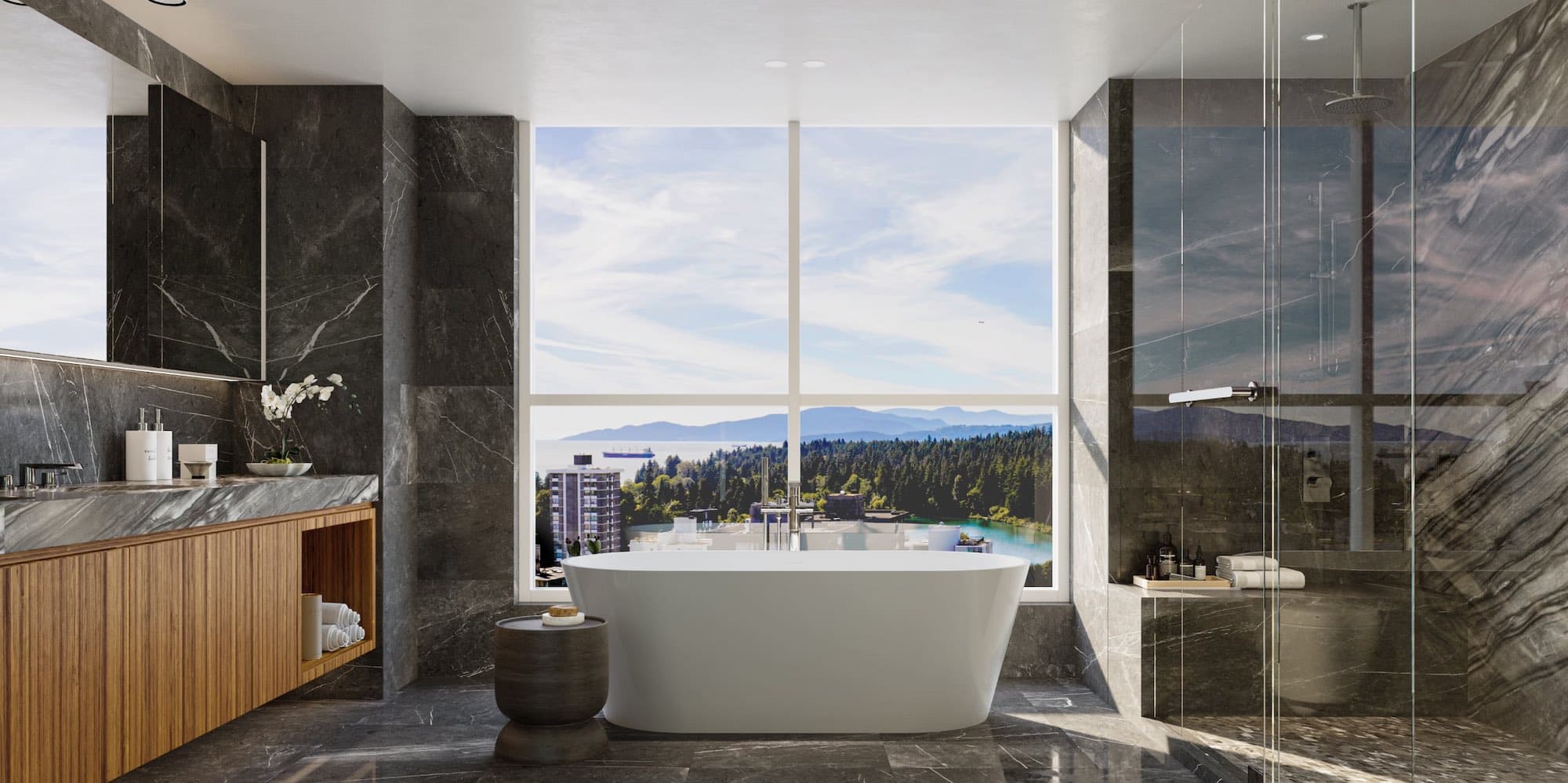 Dark marble bathroom with ocean view at 1818 Alberni Vancouver