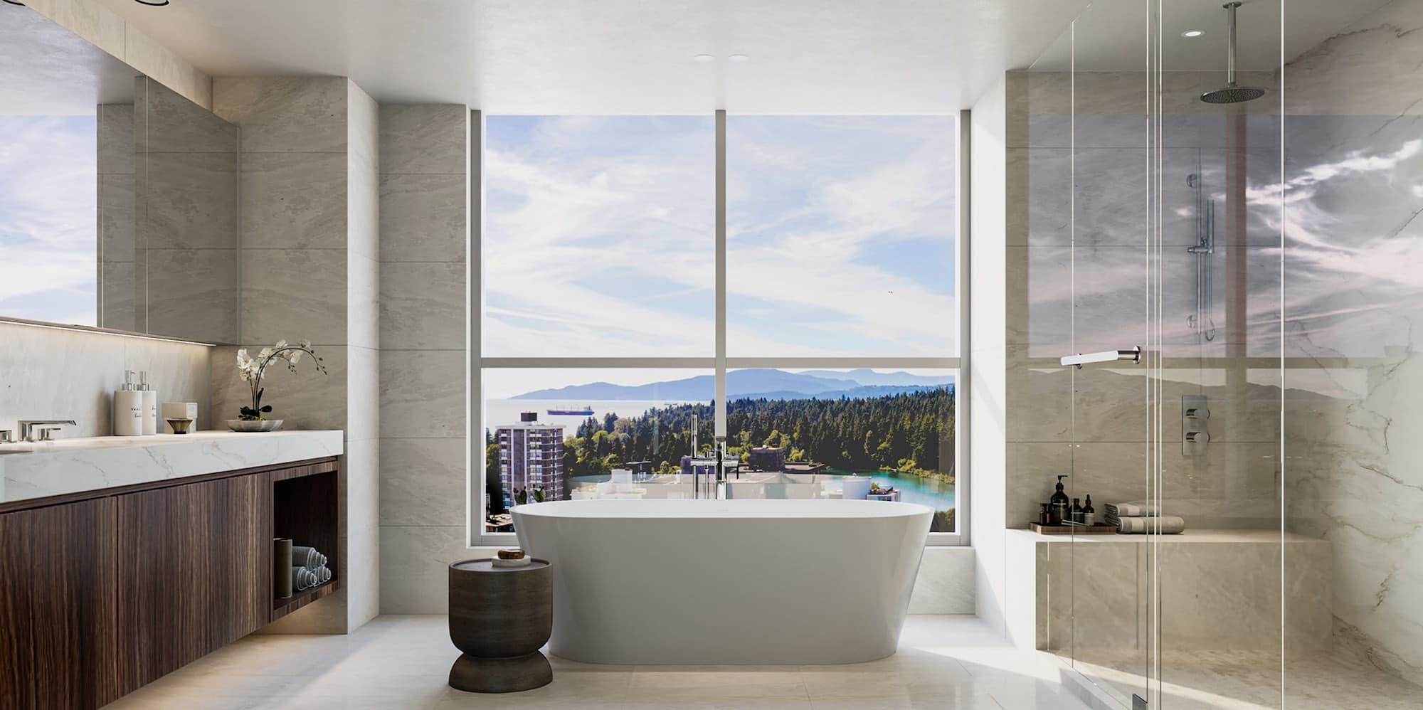 Light marble bathroom with ocean view at 1818 Alberni Vancouver.
