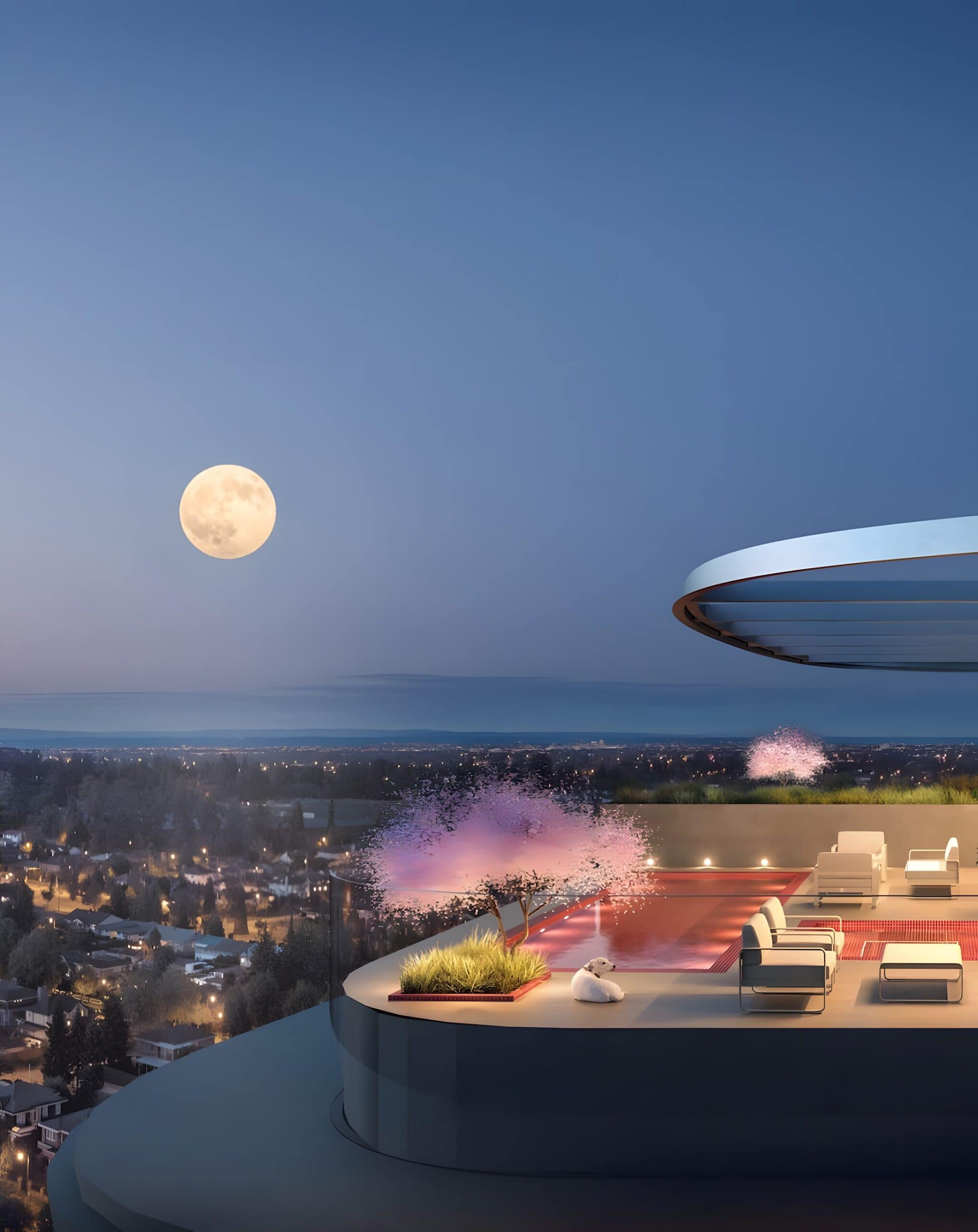 Rooftop pool with cherry blossoms and night skyline view at Artesia Burnaby condos