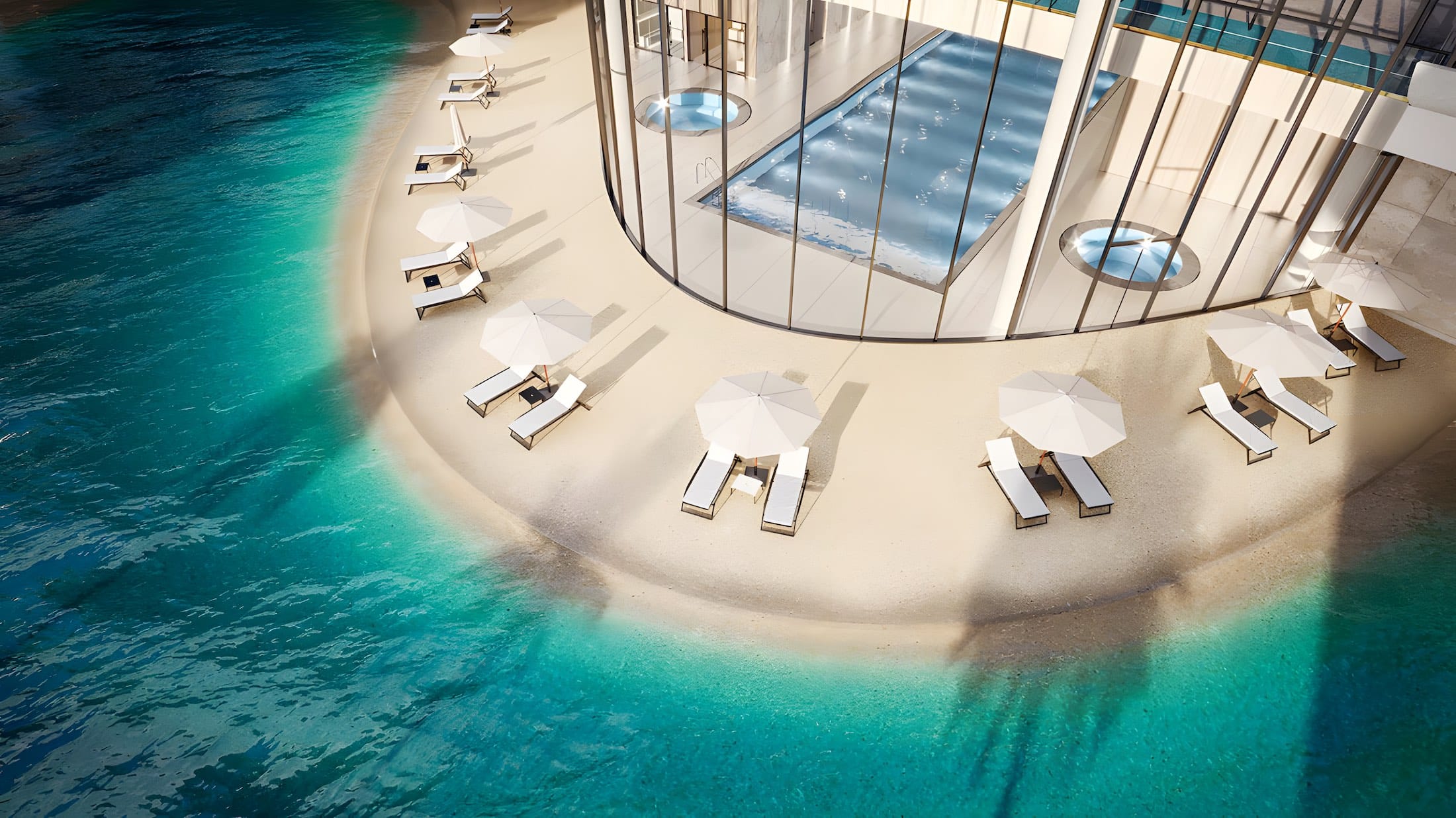 Outdoor sunbathing beach and pool at Circle Brentwood in Burnaby