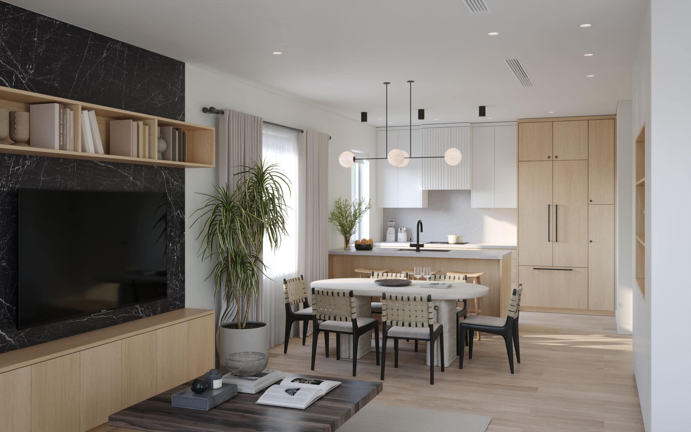 Open-concept living, dining, and kitchen interior at Quintet Vancouver East featuring integrated cabinetry, contemporary lighting, and natural wood finishes by THT Properties.
