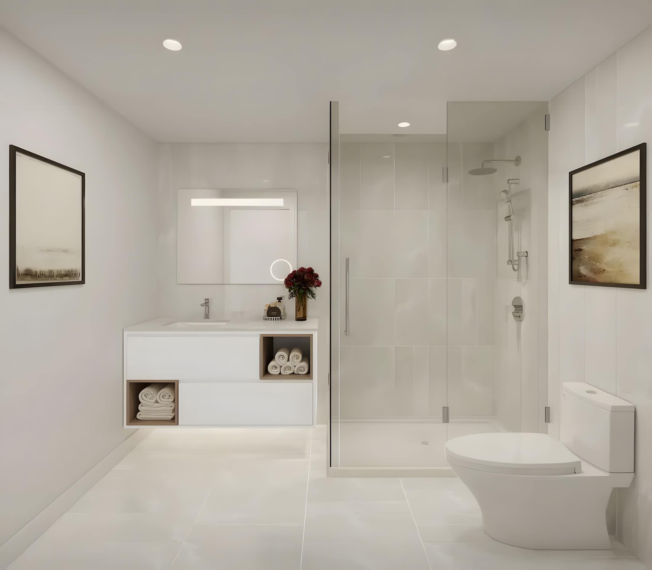 Modern bathroom at Artesia Metrotown Burnaby with glass shower and minimalist white vanity.