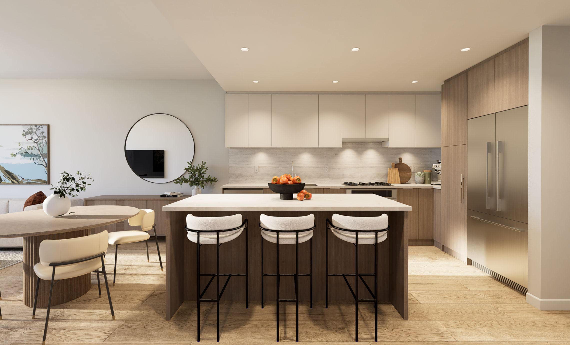 Kitchen interior rendering at Goldfinch presale development in Coquitlam West by Polygon, featuring a large quartz waterfall island with bar seating, integrated stainless steel appliances, flat-panel cabinetry, recessed lighting, and warm wood-accented finishes.