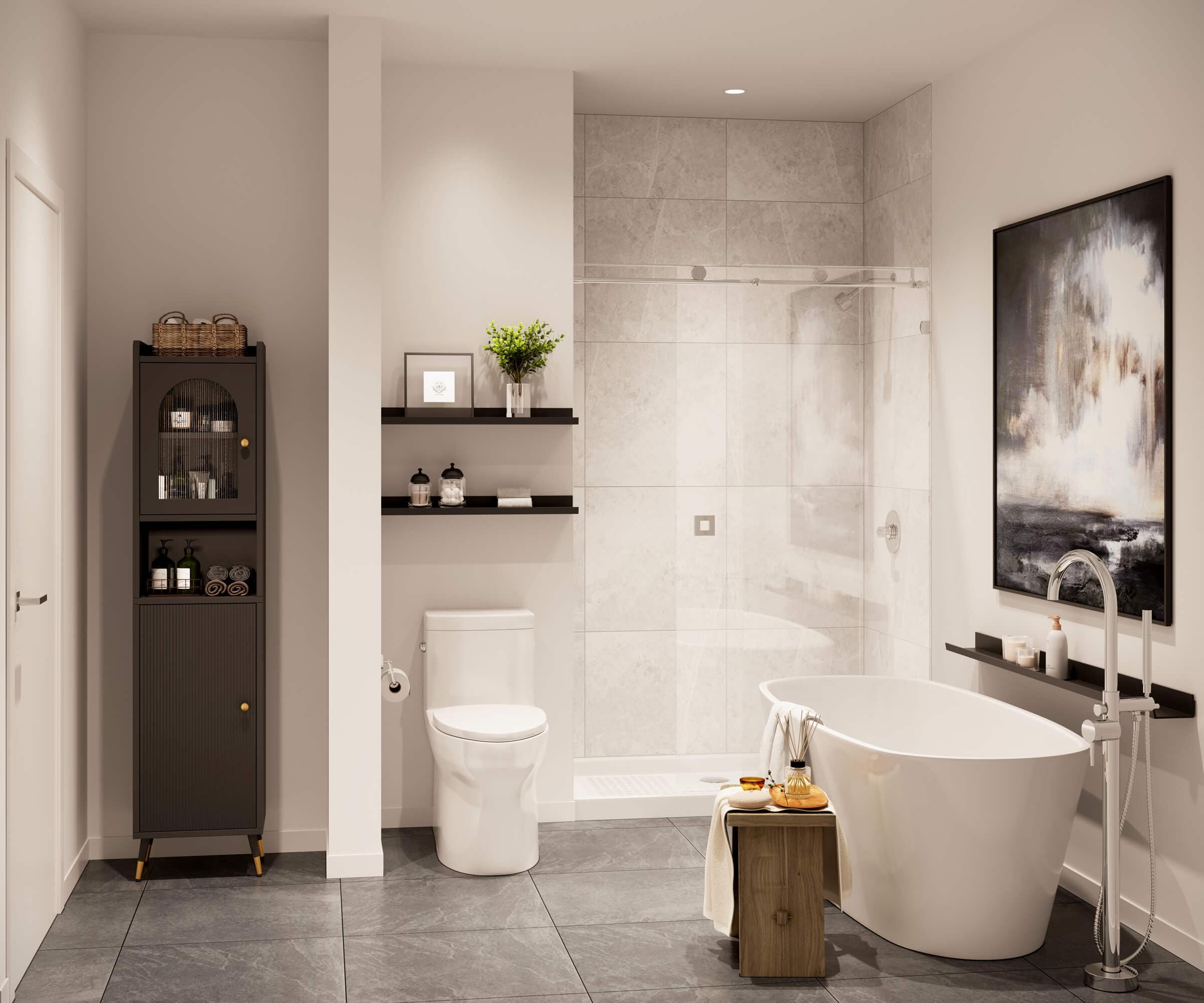 Contemporary ensuite bathroom at Harlowe South Surrey by Genaris Properties featuring modern tilework, freestanding tub, and built-in storage elements.