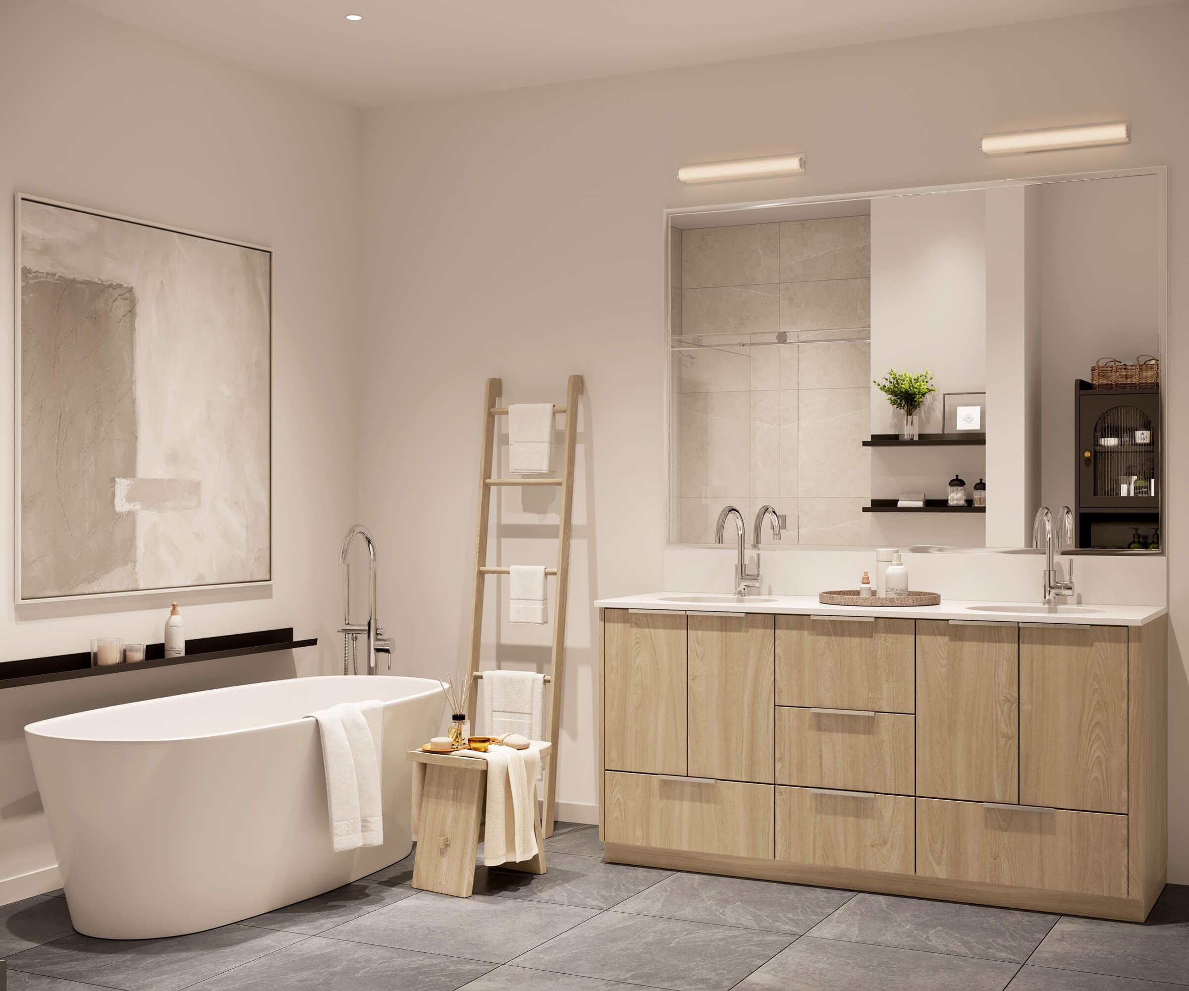 Spa-inspired ensuite bathroom at Harlowe South Surrey by Genaris Properties featuring a freestanding tub, double vanity, and soft neutral finishes.