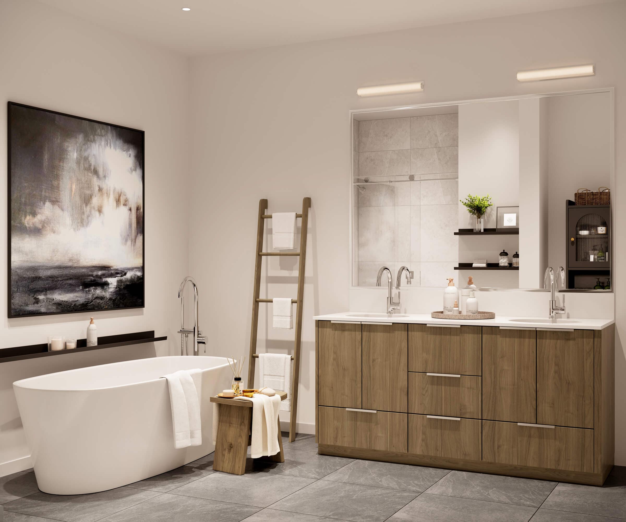 Modern ensuite bathroom at Harlowe South Surrey by Genaris Properties featuring dark wood cabinetry, freestanding tub, and contemporary styling.