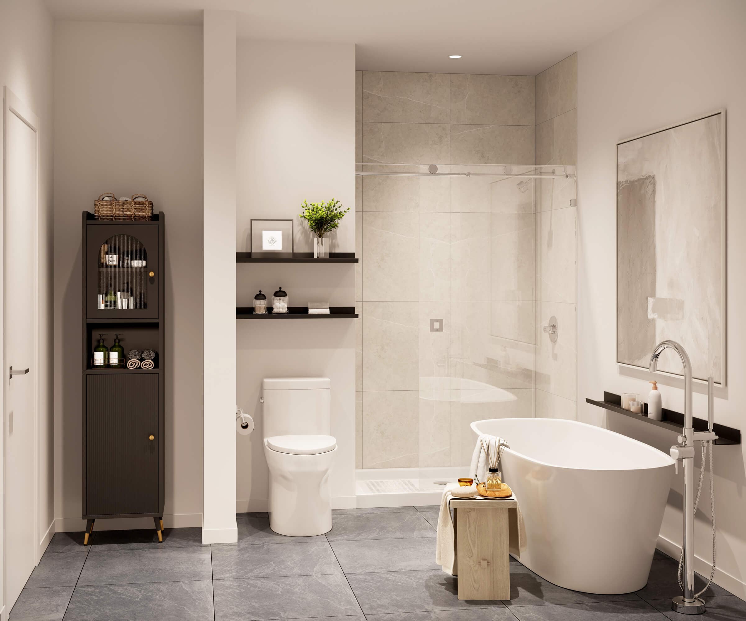 Luxury bathroom interior at Harlowe South Surrey by Genaris Properties with freestanding tub, walk-in shower, floating shelving, and contemporary finishes.