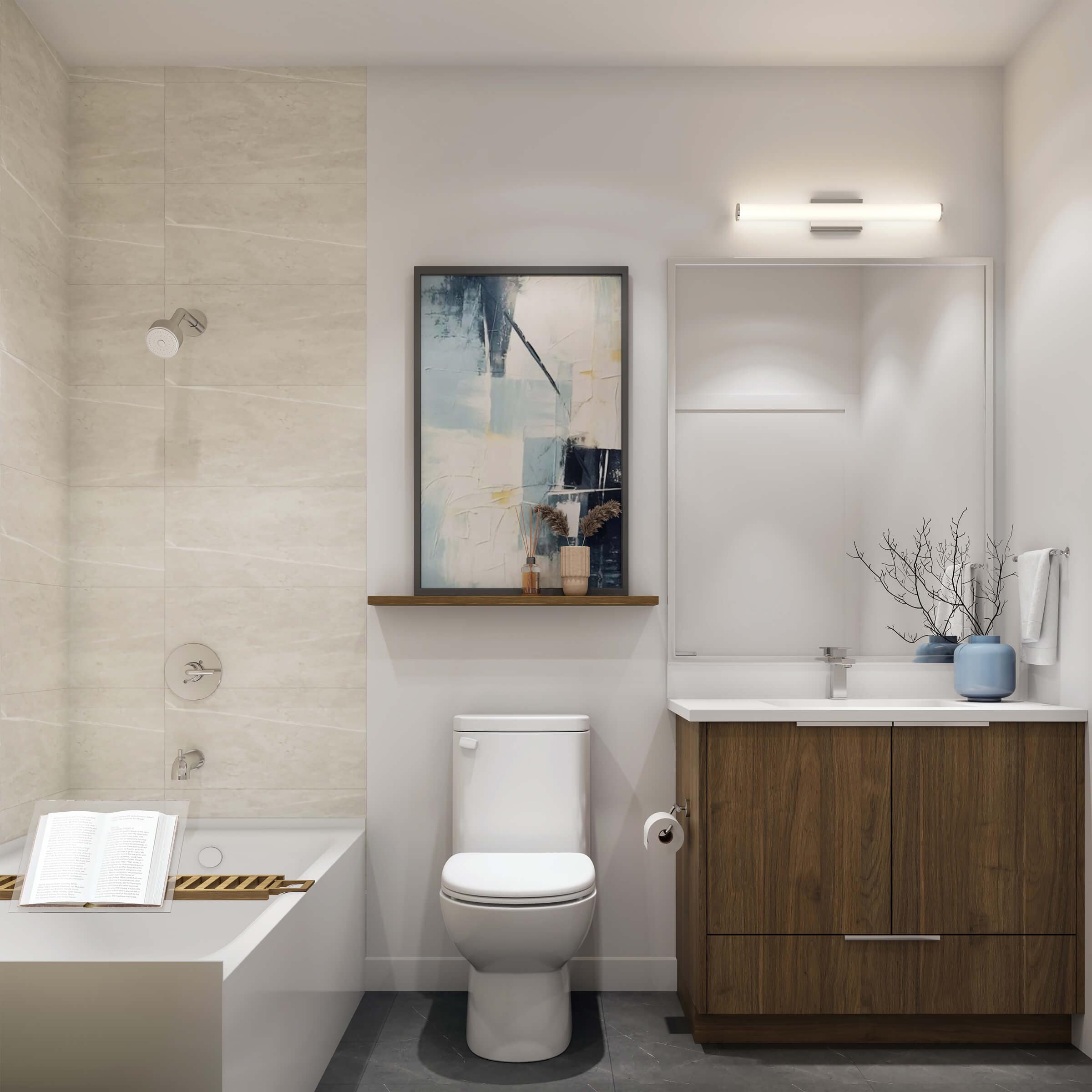 Bathroom interior at Harlowe South Surrey by Genaris Properties featuring dark wood cabinetry, tiled shower walls, and modern fixtures.