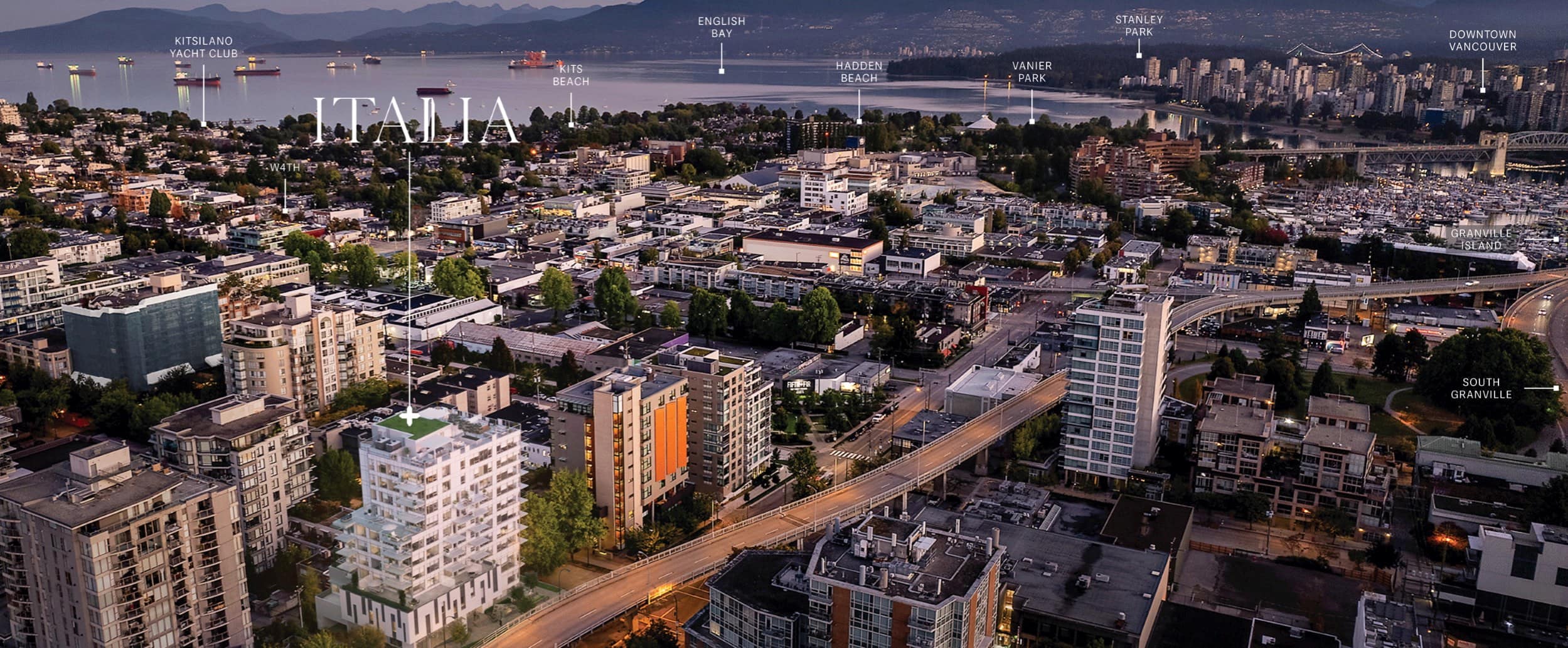 Aerial view of Italia by Solterra near Granville Island and English Bay in Vancouver
