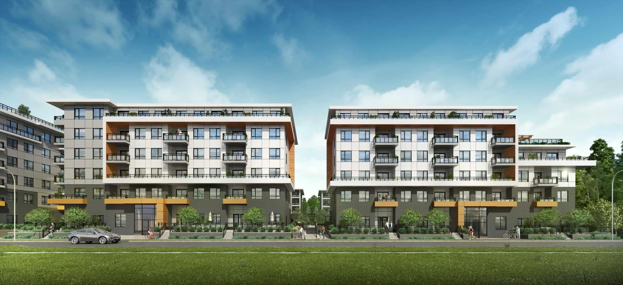 Exterior rendering of Spera presale development in Surrey Newton by Peterson Group at 8293 King George Blvd, featuring contemporary mid-rise residential buildings with balconies, modern panelled faรงade, street-facing entrances, landscaped frontage with trees and pathways, and a pedestrian-friendly streetscape that highlights the projectโs architecture and scale.