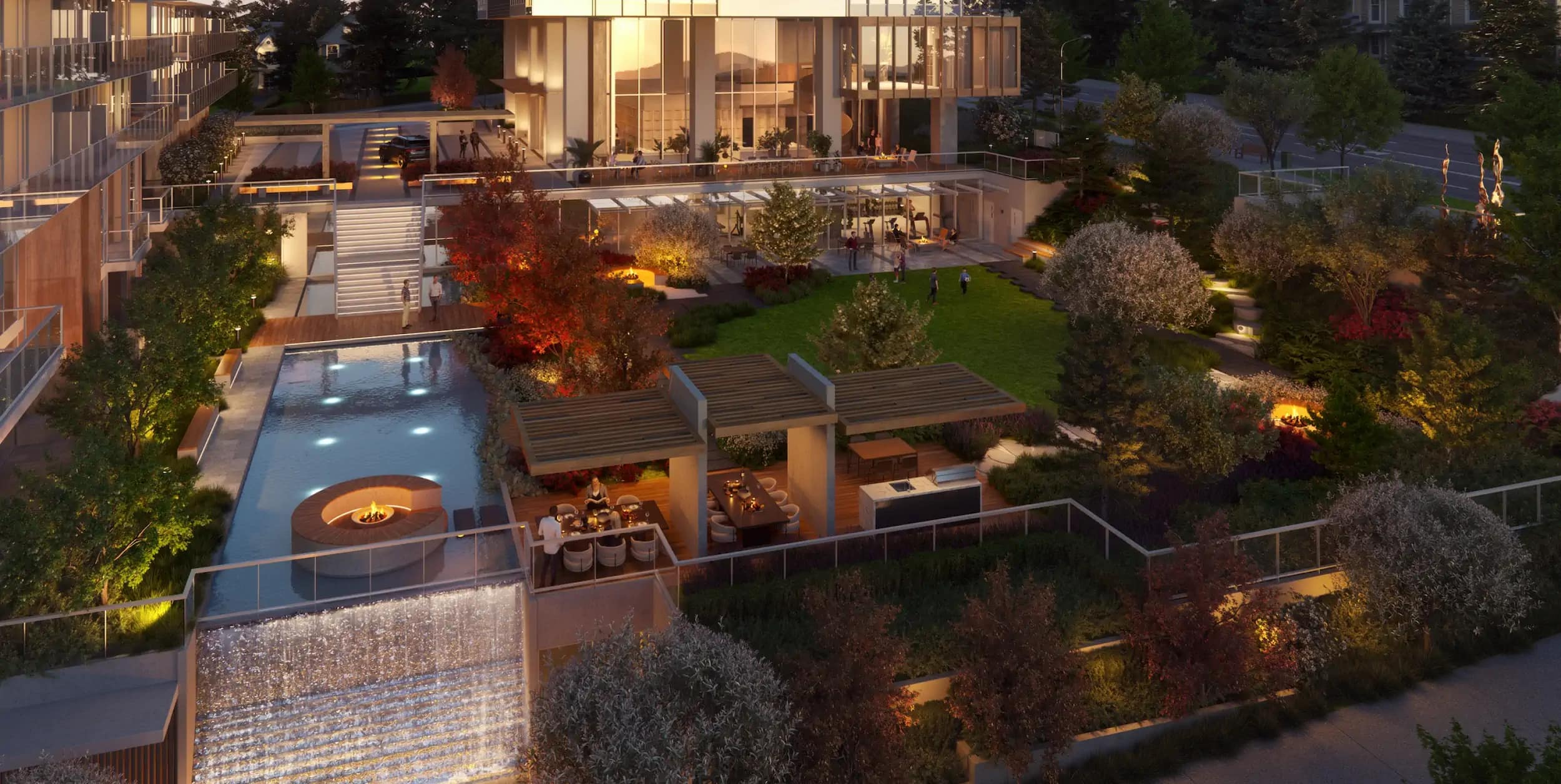 Evening courtyard with firepit, pool and landscaped gardens at Ironwood by Qualex-Landmark