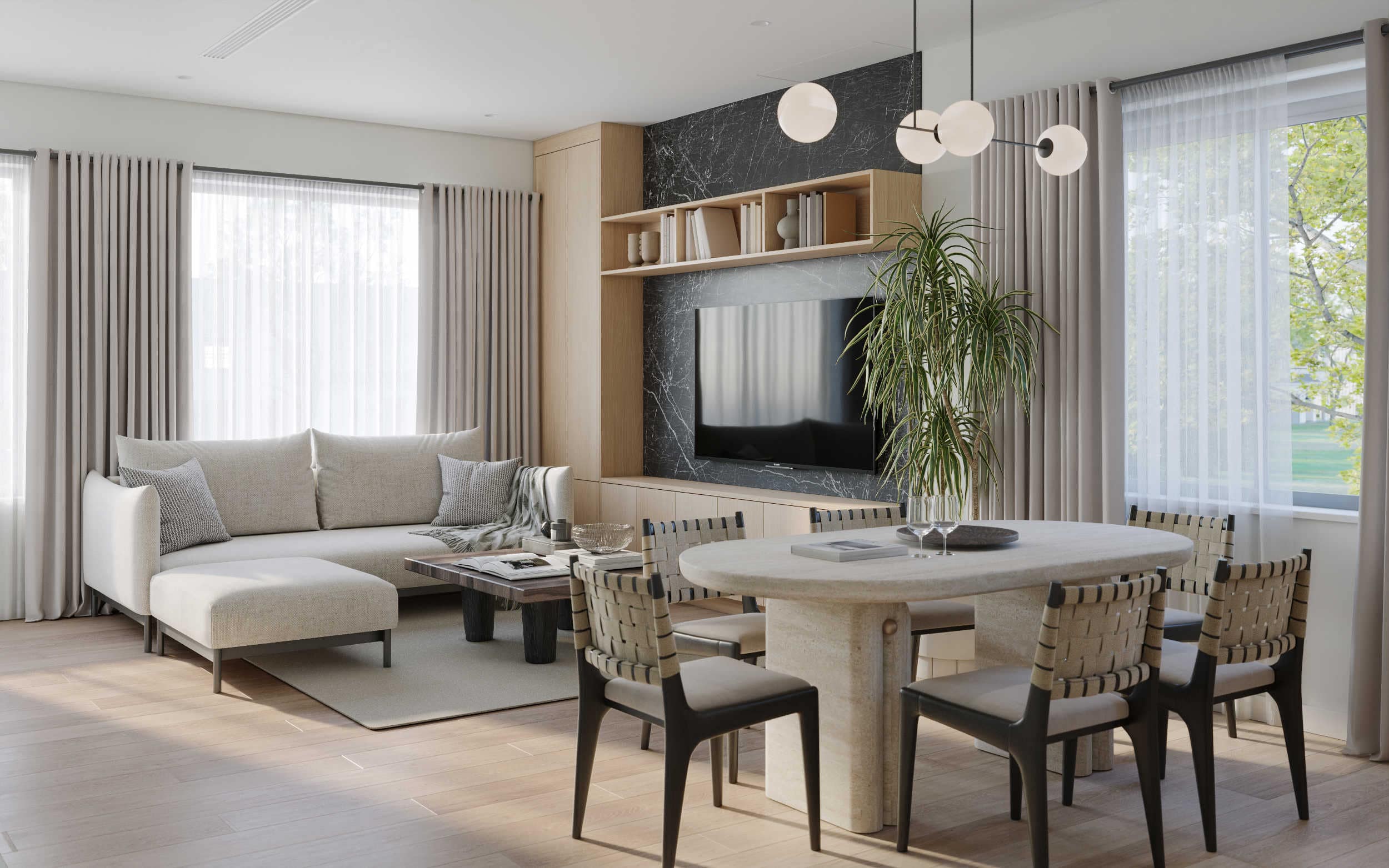 Living and dining area at Quintet Vancouver East with custom millwork, built-in shelving, large windows, and refined modern finishes by THT Properties in Vancouver East.