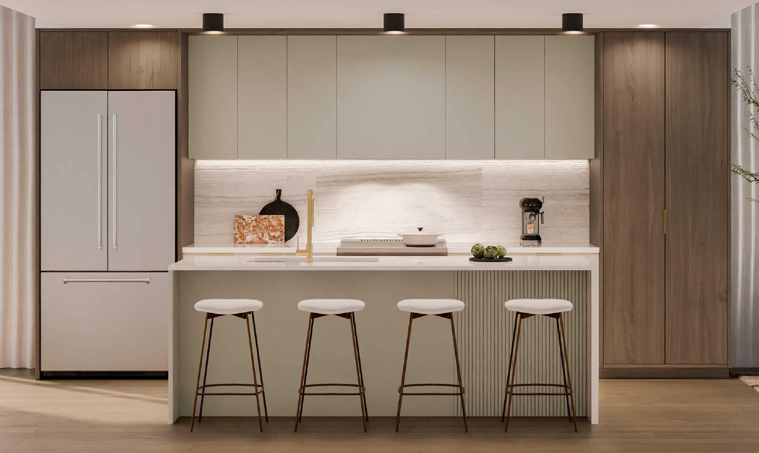 Contemporary kitchen at Harriswood Coquitlam featuring a large island with seating, integrated appliances, wood cabinetry, and minimalist design by Domus Homes in Coquitlam West at 611 Harrison Avenue
