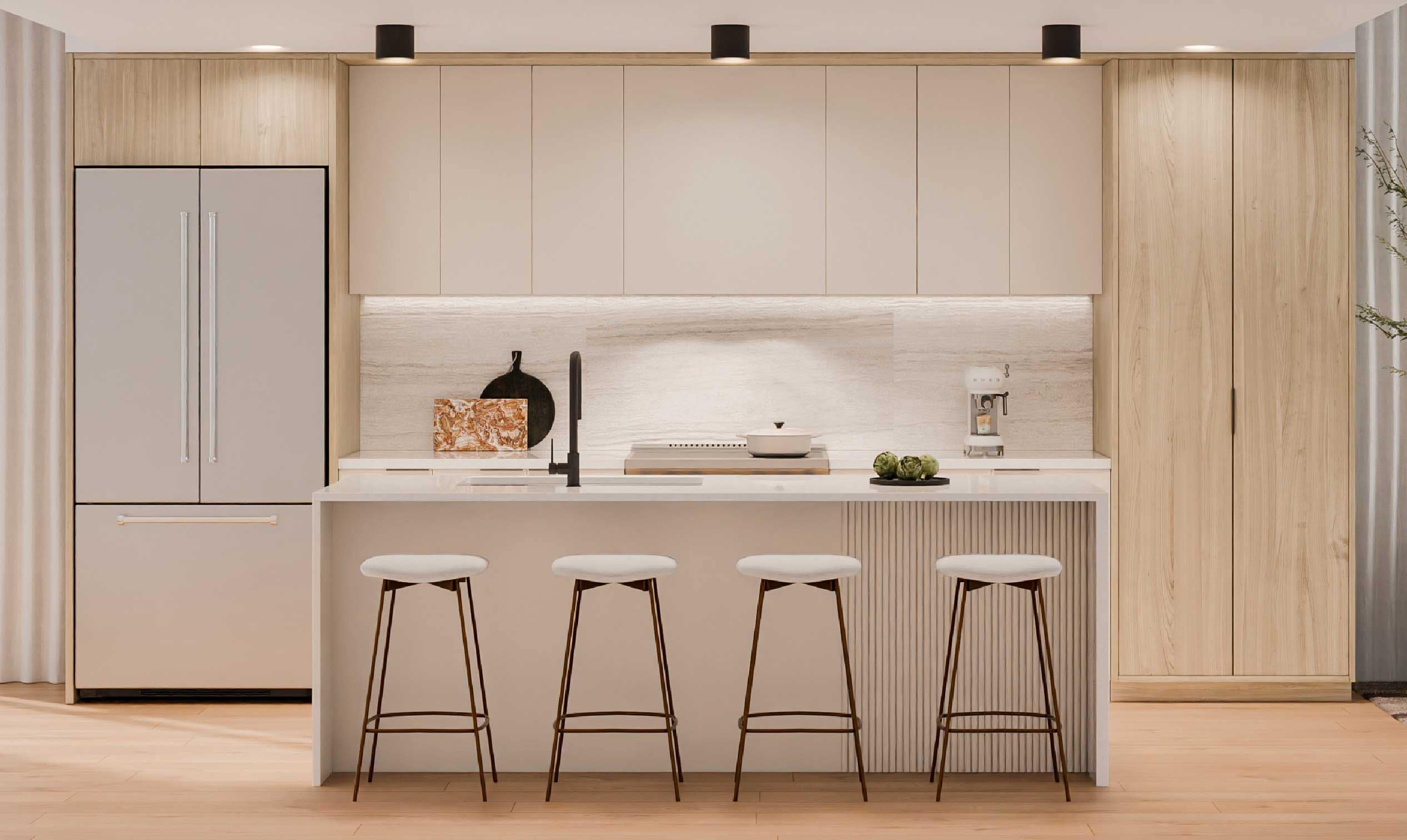 Close-up of Harriswood Coquitlam kitchen finishes by Domus Homes, highlighting flat-panel cabinetry, integrated fridge, modern lighting, and neutral tones in a Coquitlam West townhome at 611 Harrison Avenue