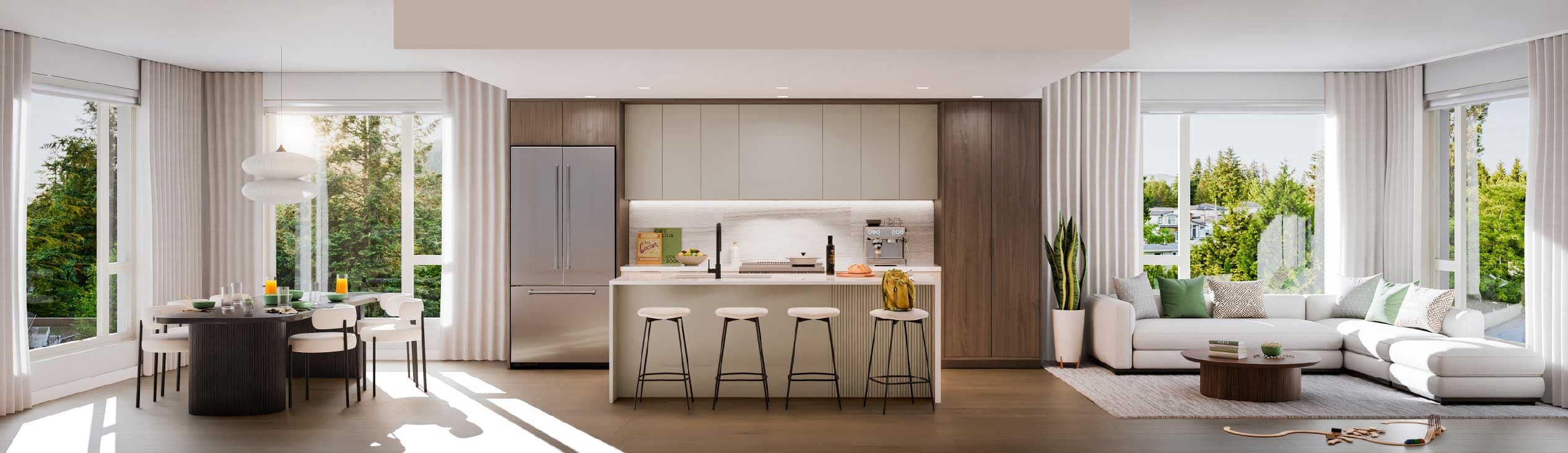 Bright open-concept kitchen, dining, and living area at Harriswood Coquitlam by Domus Homes, featuring large windows, modern cabinetry, kitchen island with seating, and natural light in a contemporary Coquitlam West home