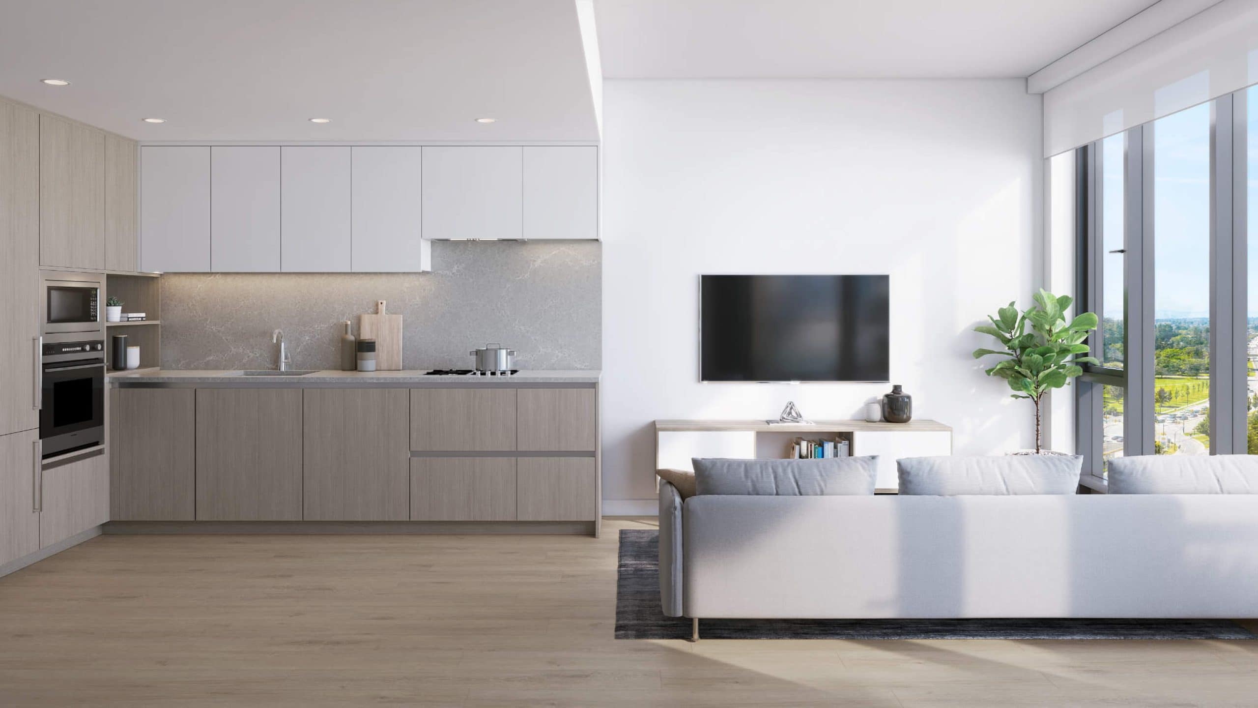 Light wood kitchen and living area with large windows at Artesia Burnaby condos