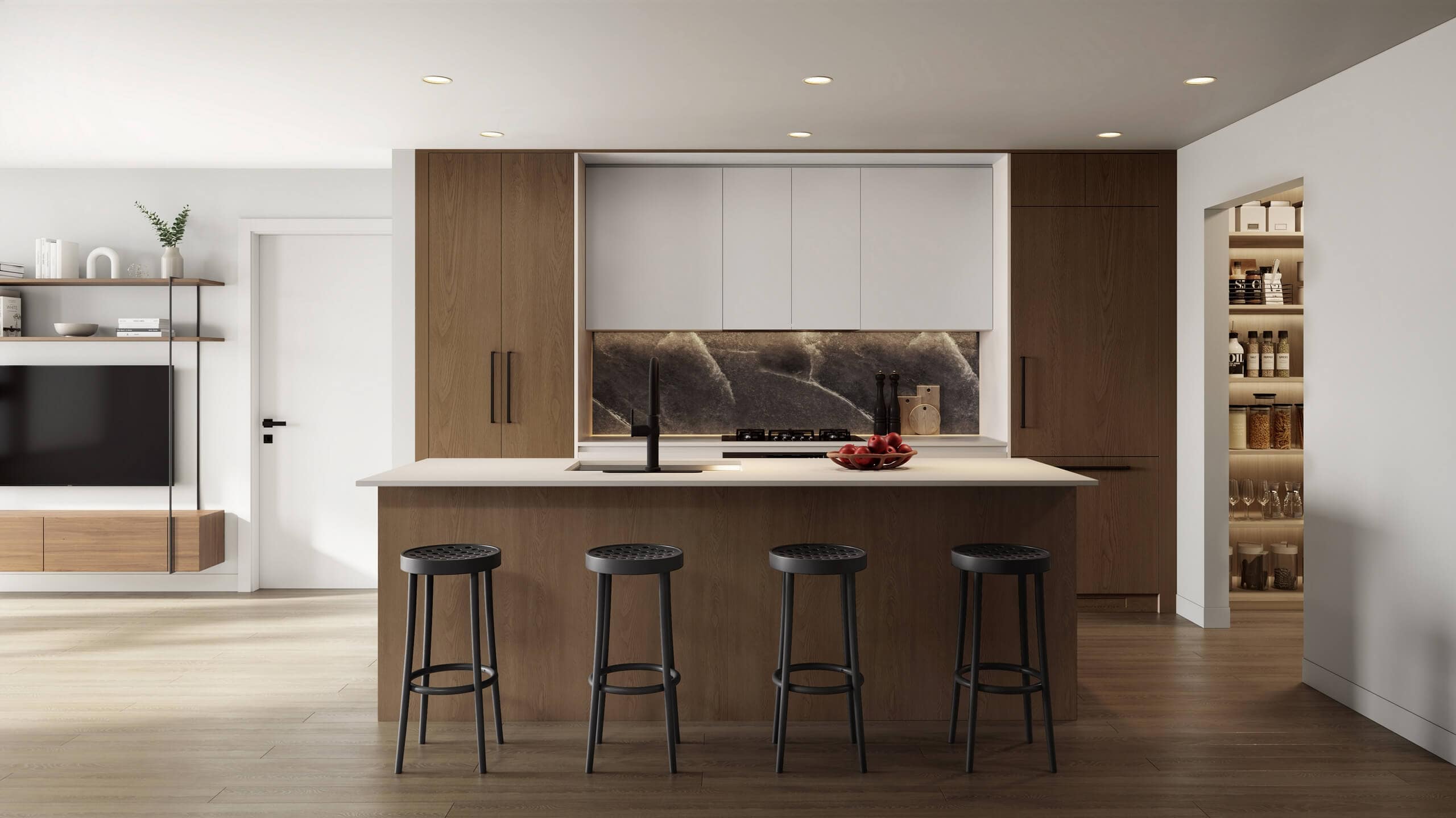 Designer kitchen at Centrale Burnaby with dark wood cabinetry, white upper cabinets, waterfall island, premium finishes, and modern styling by FirstTrack Development at 4488 Hastings Street.
