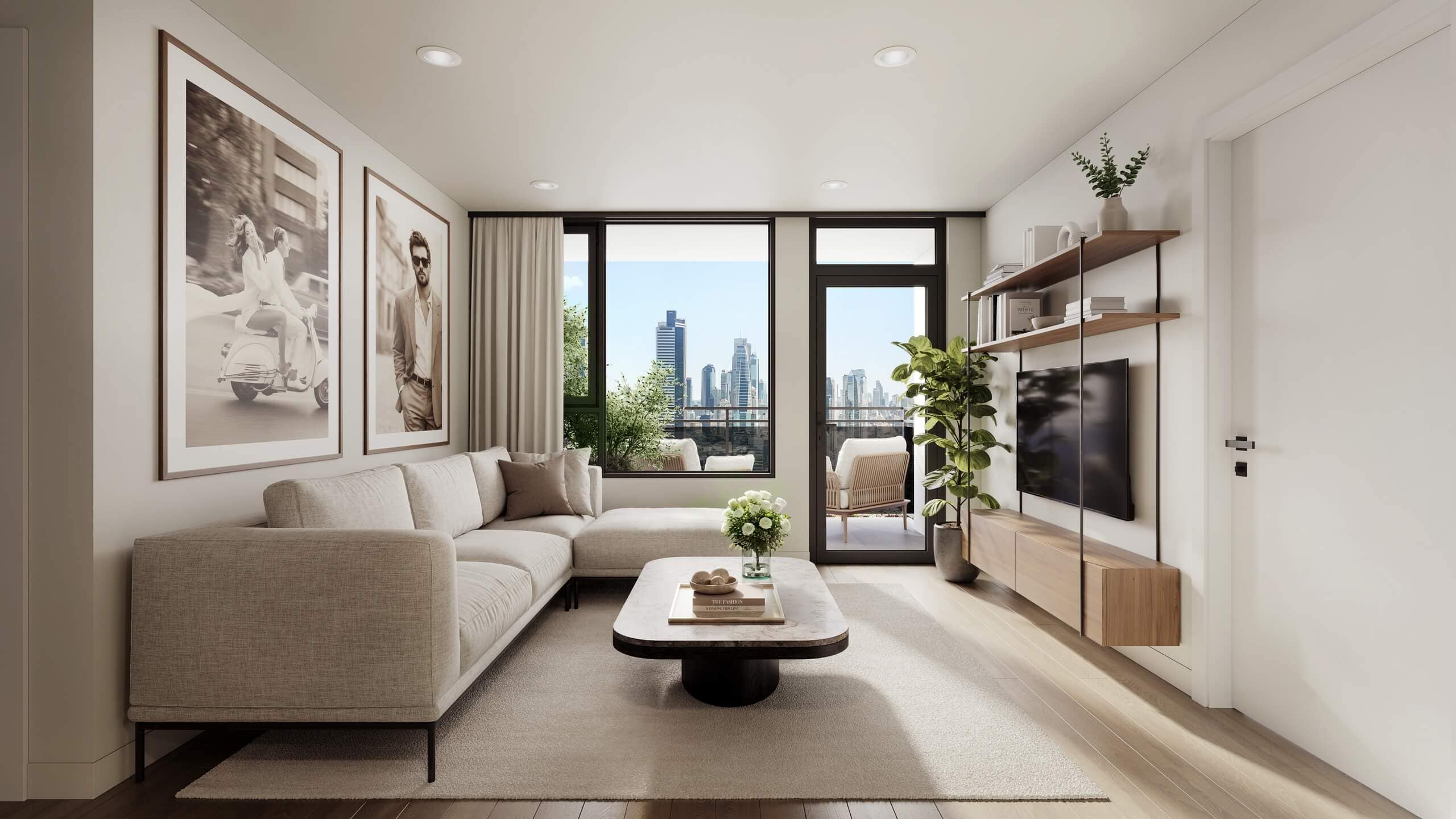 Bright living room inside Centrale Burnaby featuring modern furnishings, open shelving, large windows, and balcony access with skyline views in FirstTrack Development’s Capitol Hill presale at 4488 Hastings Street.
