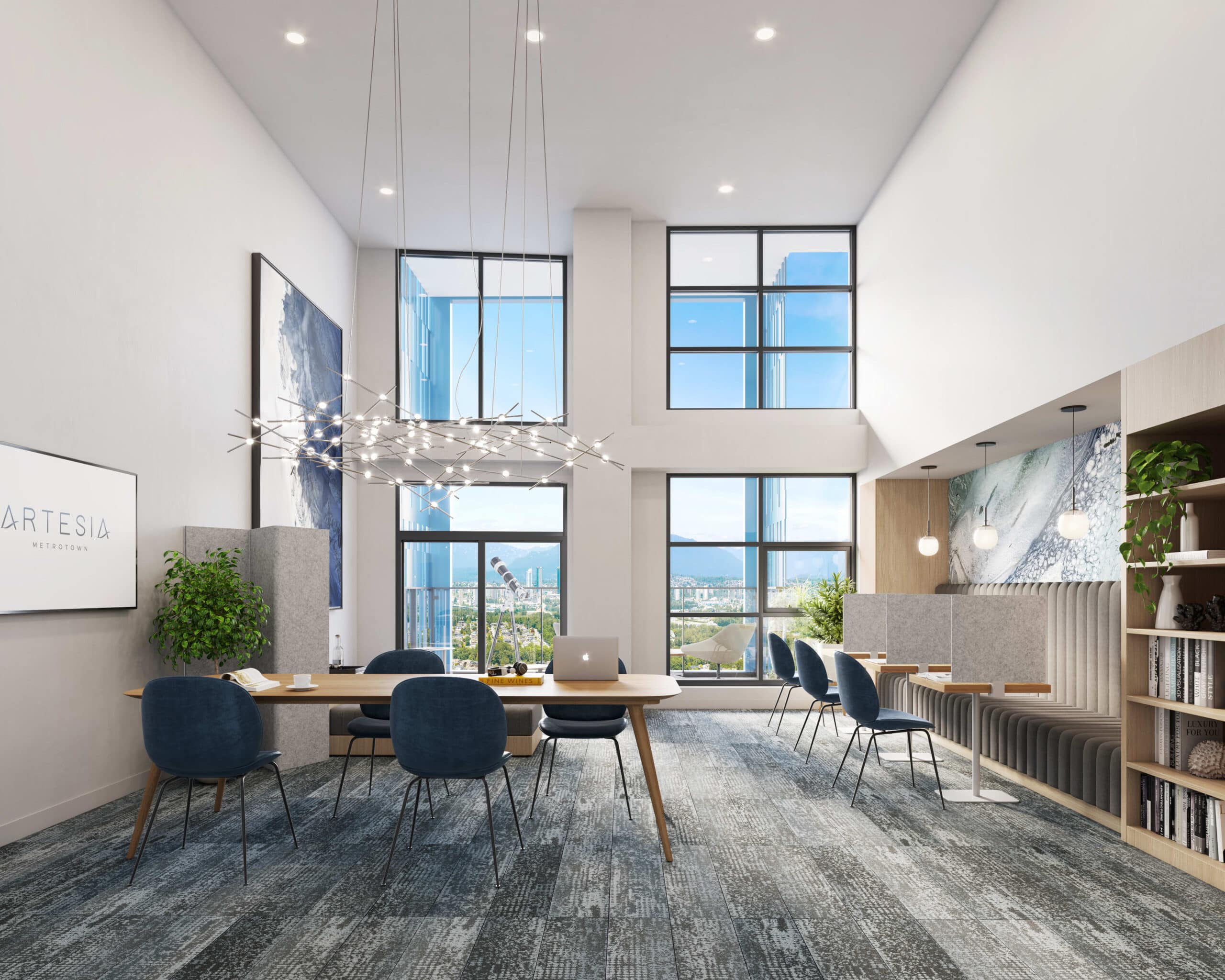 Co-working lounge with modern seating and city view at Artesia Metrotown Burnaby