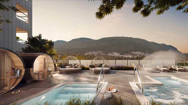 Livy Port Coquitlam outdoor spa with plunge pools and mountain views at 2245 McAllister Avenue