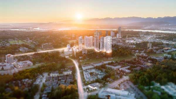 Aerial view of Park George 2 Surrey by Concord Pacific at 13768 100 Avenue in Whalley, showing surrounding neighbourhood, cityscape, nearby transit routes, and proximity to parks and urban amenities in Surrey