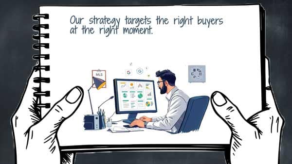 Illustrated video thumbnail showing a real estate professional working at a computer surrounded by digital marketing icons and MLS references, with text reading “Our strategy targets the right buyers at the right moment,” used to represent the strategy behind generating stronger offers through targeted buyer outreach, data-driven marketing, and precise timing in competitive and slow real estate markets.