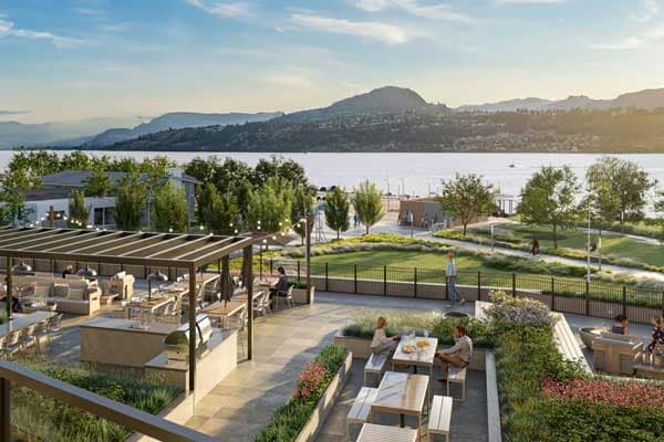 Amenity terrace at Alma Kelowna overlooking Pandosy Waterfront Park and Okanagan Lake at 3051 Abbott Street.