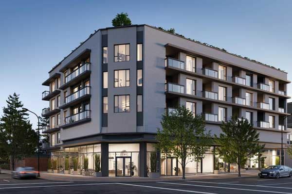 Corner exterior rendering of Centrale Burnaby by FirstTrack Development featuring contemporary architecture, expansive balconies, large windows, and street-level retail at 4488 Hastings Street in Burnaby’s Capitol Hill neighbourhood.