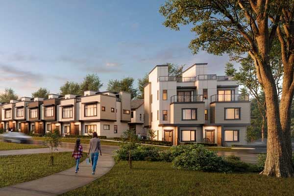 Elisa Surrey presale townhomes by Hive Development located at 2655 Parkway Drive in South Surrey, featuring modern architecture, landscaped walkways, tree-lined streets, and a family-friendly residential setting.