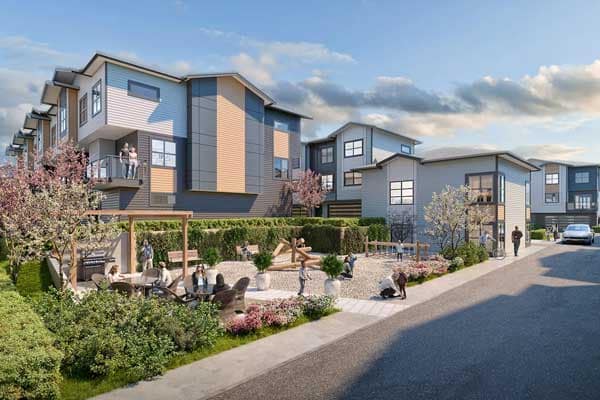 Amenity courtyard and landscaped townhome setting at Elwynn Green Fleetwood in Surrey.