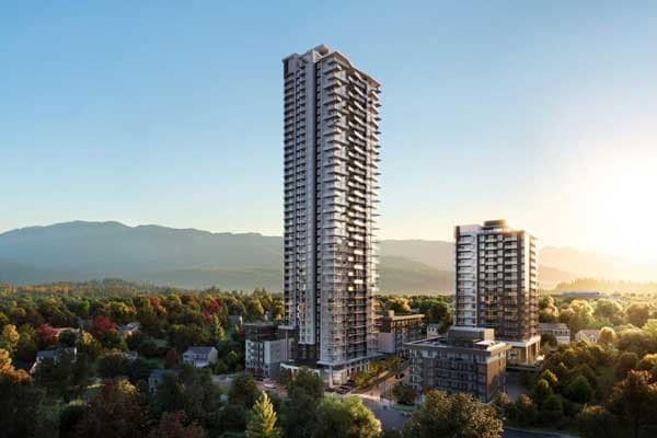 Aerial streetscape view of Gardena Coquitlam by Intracorp located at 635 Gardena Drive in Burquitlam, featuring two modern residential towers rising above a tree-lined neighbourhood with surrounding low-rise homes, landscaped podium, and mountain backdrops under warm sunset lighting.