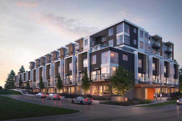 Front-facing exterior rendering of Harlowe in South Surrey, a presale community by Genaris at 16485 18 Avenue, showing modern apartment and townhome architecture, street-level landscaping, and an inviting residential streetscape at dusk.