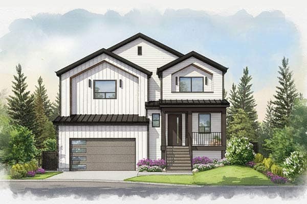 Modern farmhouse-style exterior at Haven Maple Ridge by Epic Homes at 11205 250B Street featuring a double garage, covered entry porch, landscaped front yard, and forest backdrop