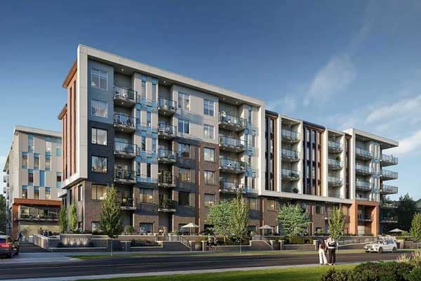 Street-level perspective of Jethro Langley in Langley City, featuring modern condo buildings, pedestrian walkway, landscaping, and residential streetscape by Whitetail Homes