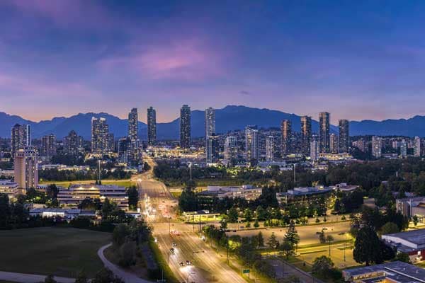 City and mountain views near Kwasen Village in Burnaby Hospital area by Aquilini Development.
