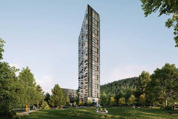 Olo Coquitlam presale tower by Rize at 616 Kemsley Avenue overlooking a large park in Burquitlam, featuring a modern high-rise surrounded by trees, open green space, and residents relaxing outdoors.
