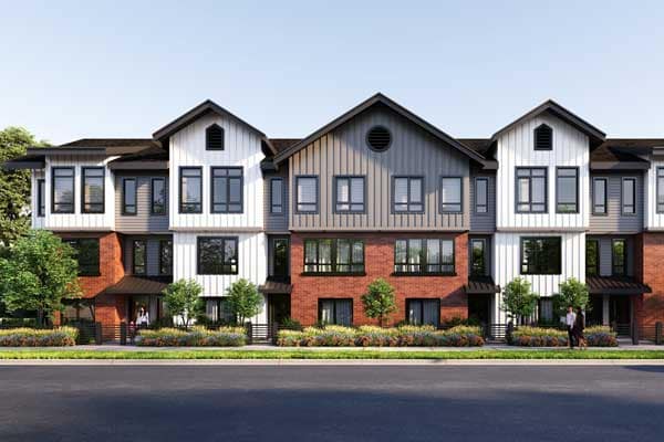 Oxford Mews Langley exterior rendering with red brick and board-and-batten siding at 20816 45A Avenue.