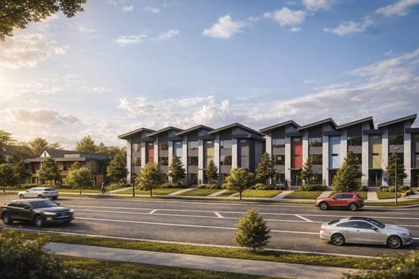 Streetscape view of Queens New Westminster townhomes in Queensborough by Gulzar Investments, featuring a row of contemporary family-oriented homes with landscaped front yards, modern facades, colorful entry accents, and a wide residential road with passing cars and pedestrian pathways.