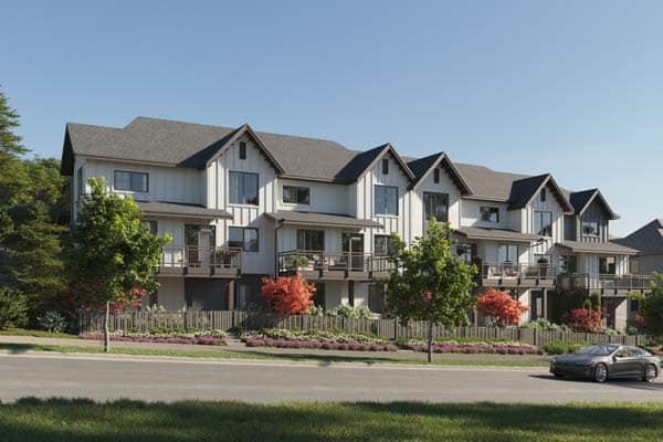 Street-level view of Ridgewood Burke Mountain townhomes by Onni Group at 3637 Sheffield Avenue in Coquitlam, showing landscaped boulevard and modern architecture