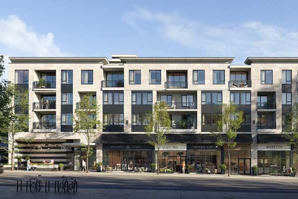 Street-level architectural rendering of Siena Burnaby, a boutique presale condominium development by Landa Global Properties located at 4451 Hastings Street in Burnaby’s Vancouver Heights neighbourhood. The mid-rise building features modern stone cladding, large windows, and private balconies above an active ground-floor retail promenade with cafés, restaurants, and boutique storefronts along Hastings Street. Trees line the pedestrian-friendly sidewalk, highlighting the vibrant urban streetscape and walkable lifestyle surrounding Siena Burnaby.